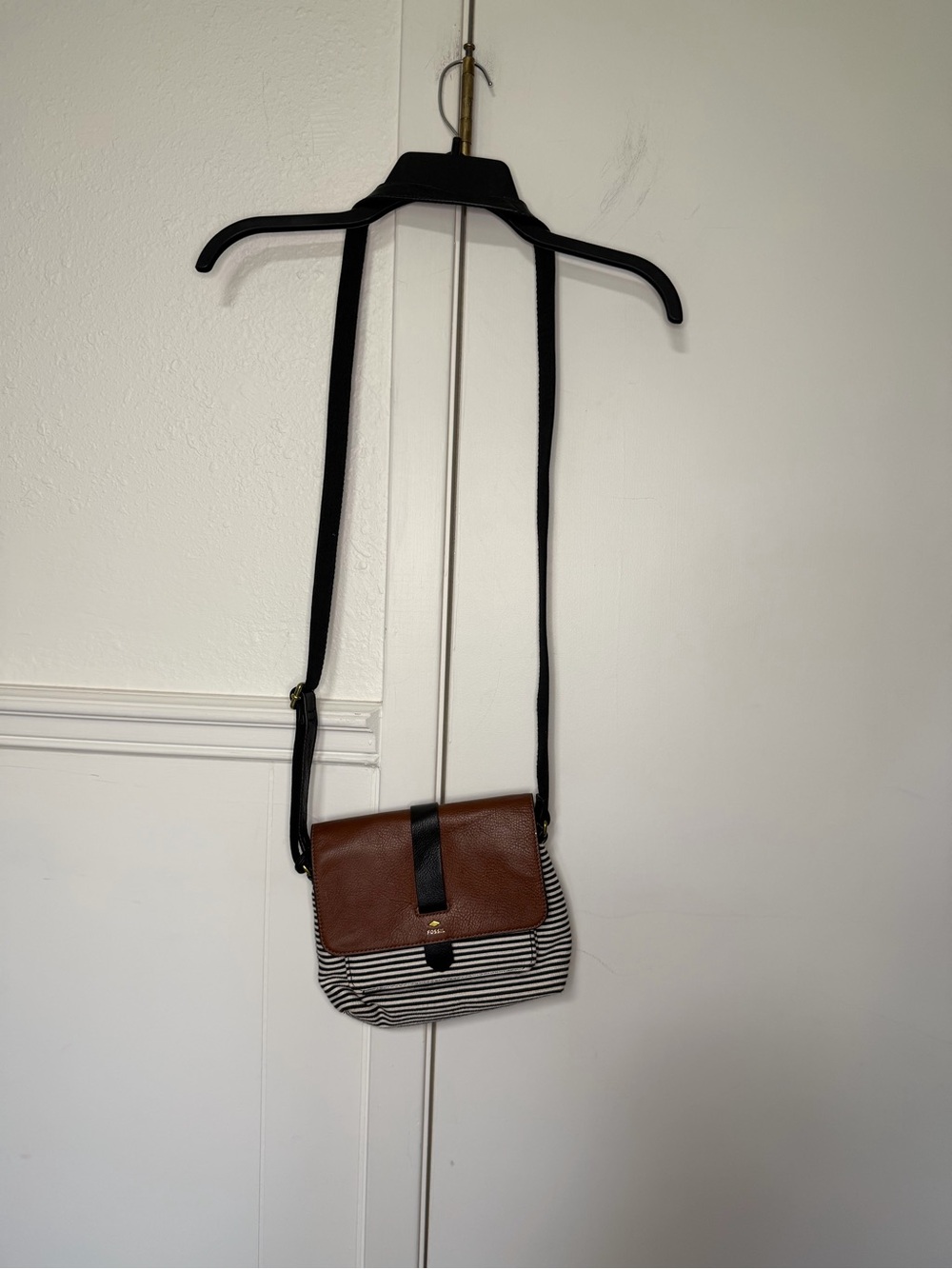Fossil Striped Canvas Crossbody with Brown Leather Flap and Black Strap